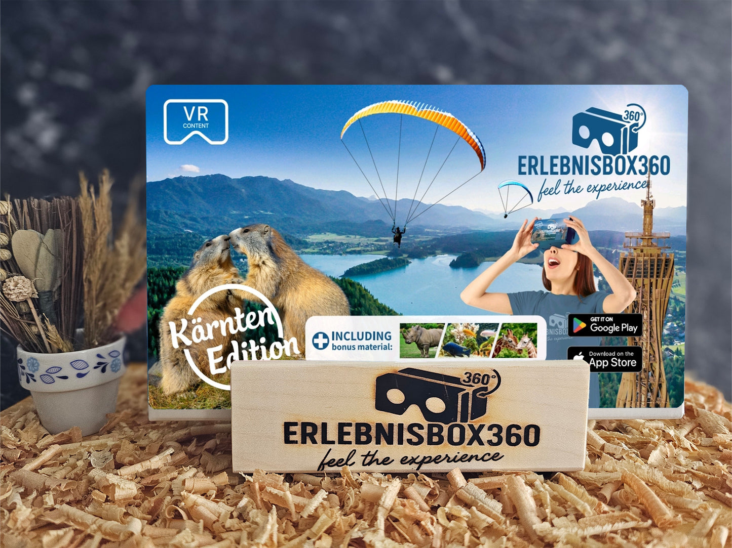 Handgefertigter Holz - Aufsteller für die stilvolle Präsentation der Erlebnisboxen